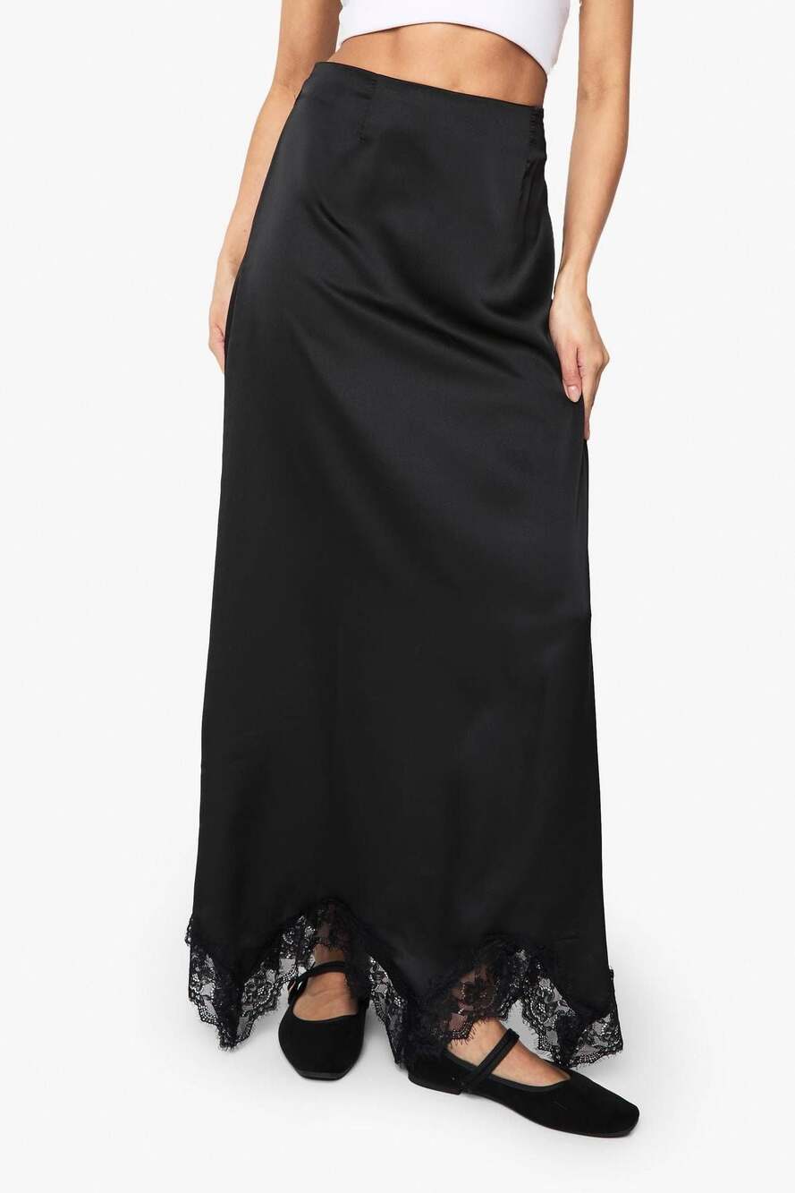 Dark Romantic Black Satin Slip Skirt Eyelash Lace Maxi, Sz. M TwilightCore